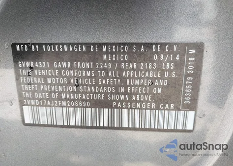 2015 Volkswagen Jetta 1.8T Se z USA, uszkodzony, nr VIN 3VWD17AJ2FM208690